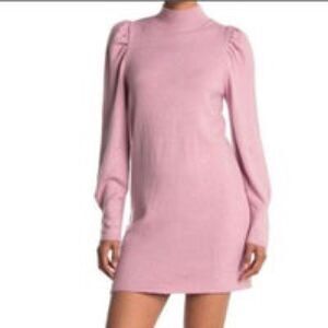 WAYF Lola puff Sleeve mock neck sweater dress in pink